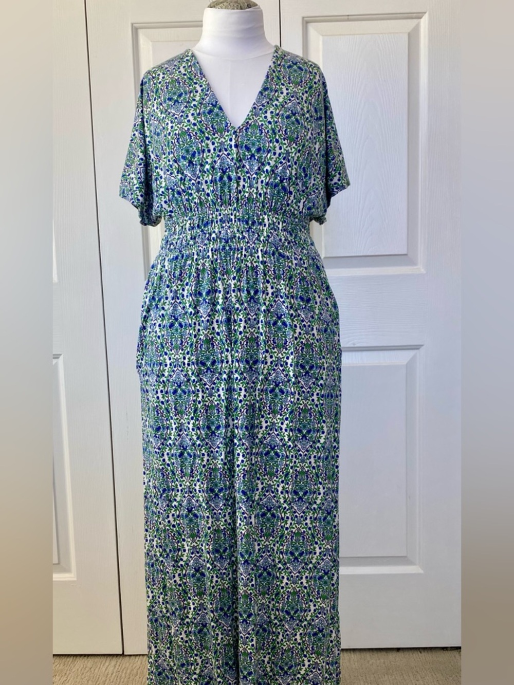 NWT Boden Blue, Green V-Neck Knit Smocked-waist Maxi Dress